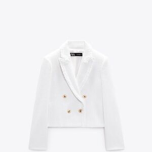Zara White Cropped Textured Blazer with Gold Buttons